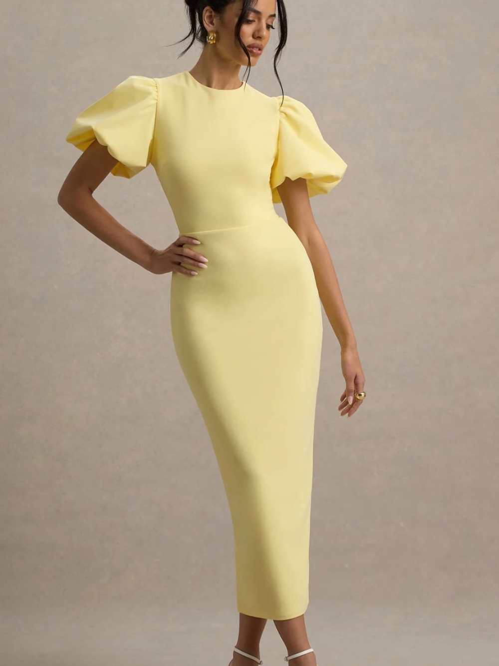 Club L London Dakota Lemon Puff Sleeve Midi Dress - Size 4